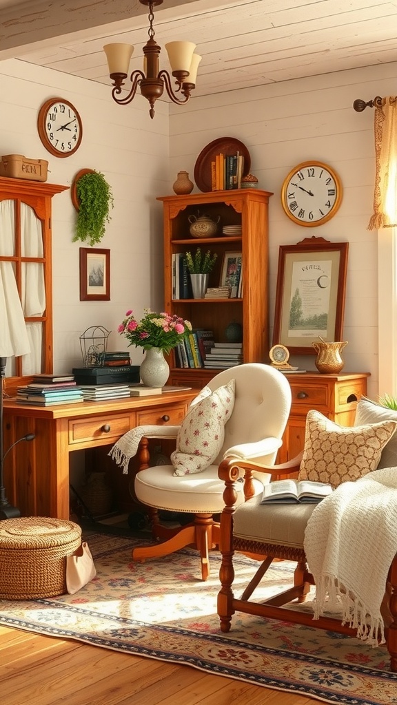 Cozy home office with warm wooden furniture, soft neutral colors, and inviting decor elements like plants and cushions.