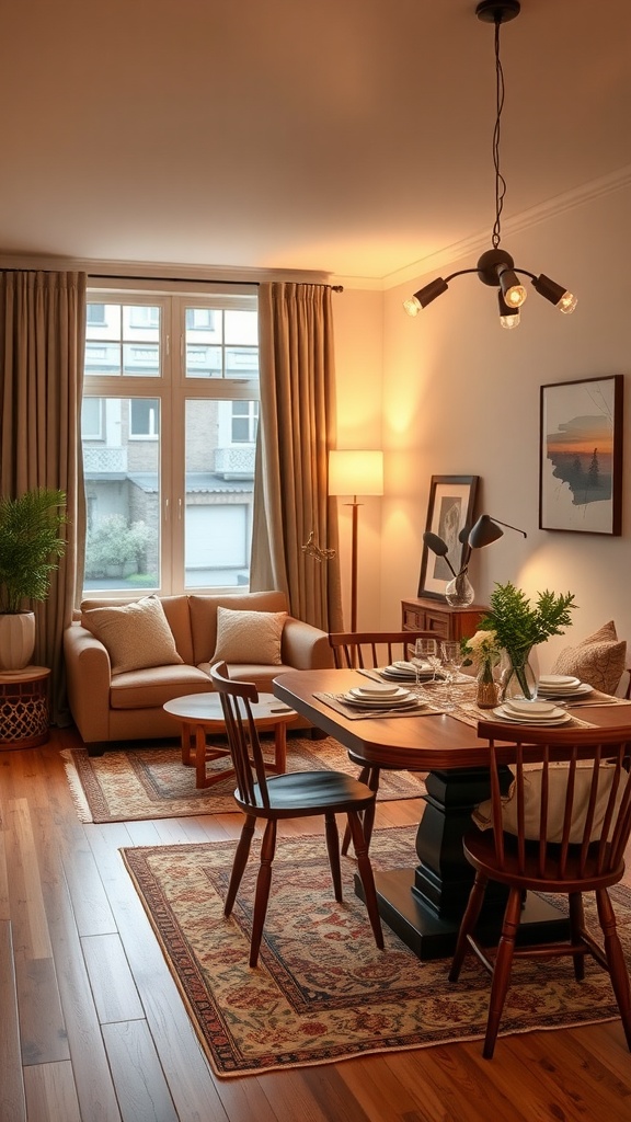 Cozy living room dining room combo with a beautifully arranged table and seating area