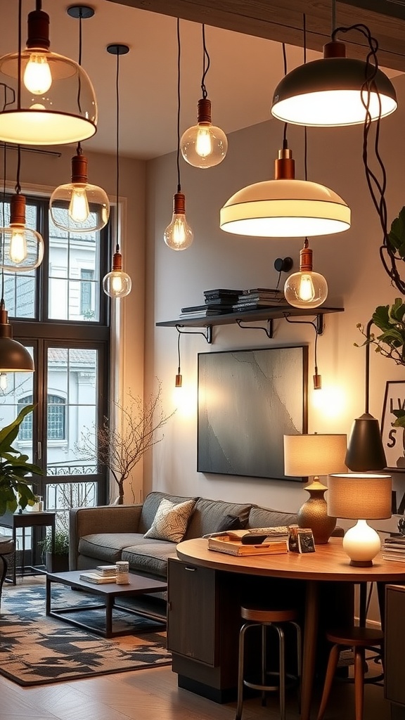 A cozy living area featuring various lighting fixtures including hanging pendant lights and table lamps, complemented by modern decor.