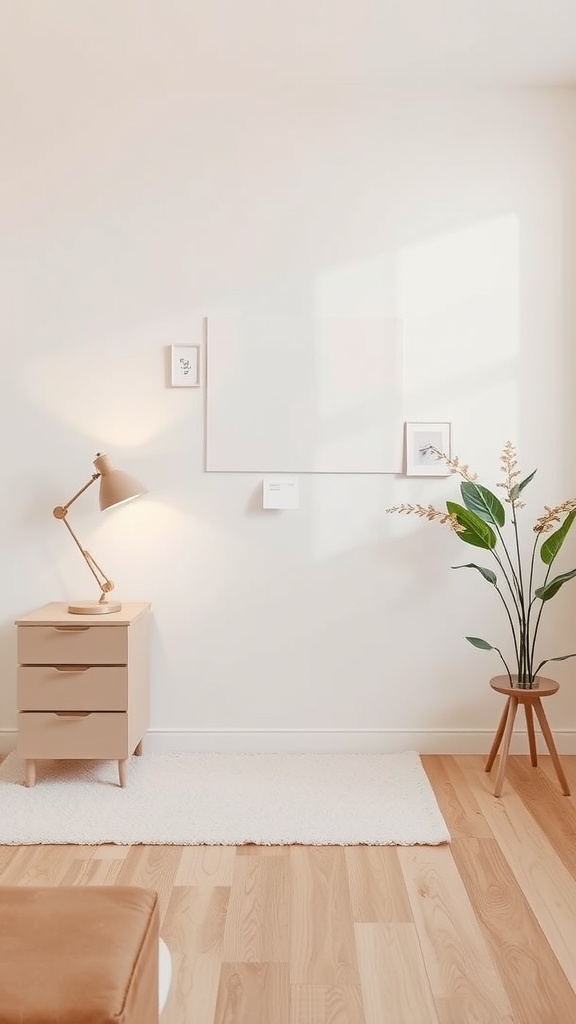 A stylish and minimalistic guest bedroom and home office combo featuring soft neutral colors, a plant, and a wooden bedside table.