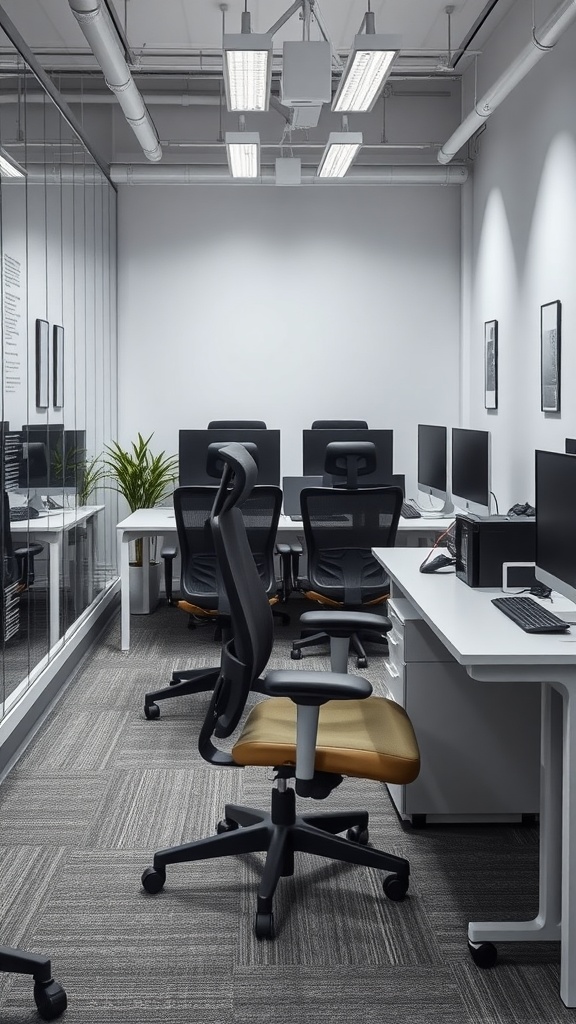 Modern office interior with ergonomic chairs and a minimalist design.