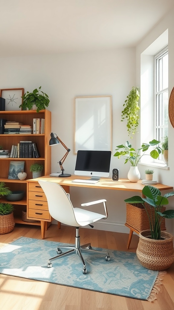 A cozy home office with a wooden desk, plants, and a comfortable chair