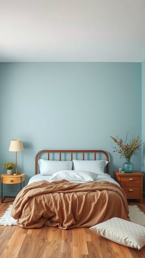 A cozy guest bedroom with a bed, brown blanket, and light blue walls, showcasing an inviting atmosphere.