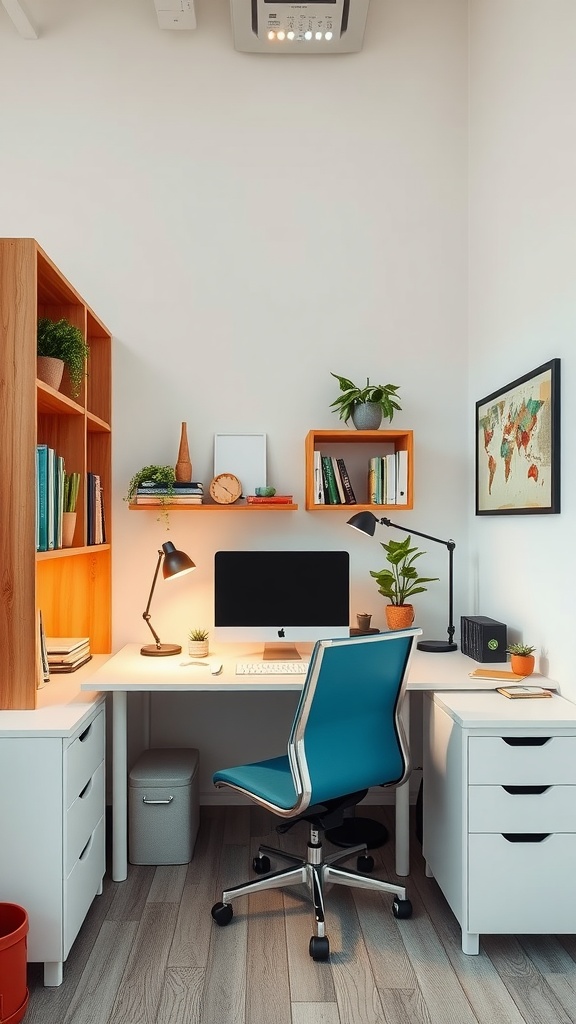 A small, well-decorated office with a neutral color palette and vibrant accents