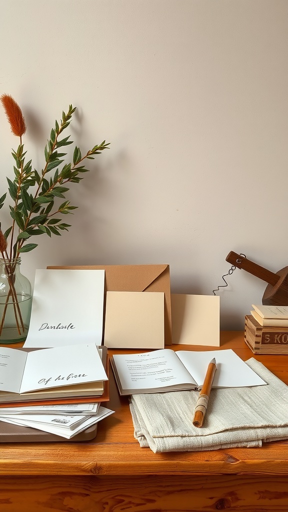 A cozy home office setup with natural elements, featuring stationery and a plant