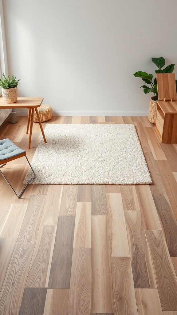 A cozy home office with wooden flooring and a plush rug, featuring plants and a small desk.