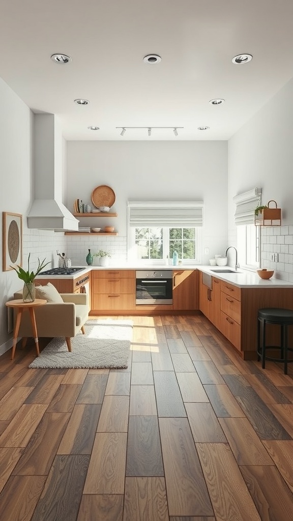 A U-shaped kitchen with wooden flooring, showcasing a cozy ambiance and modern design.