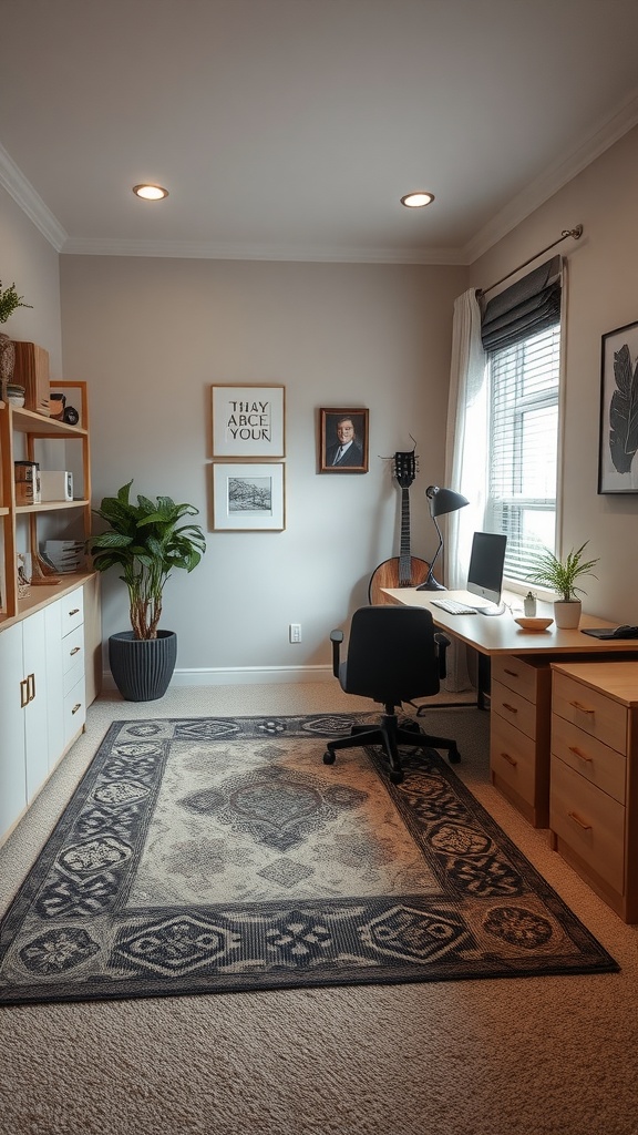 A cozy home office with a carpeted floor, area rug, and plants, designed to reduce echo.