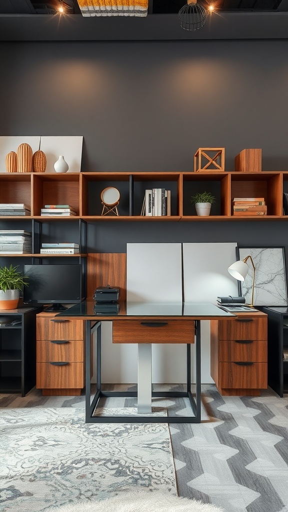 A modern corner desk setup featuring a wooden desk with a glass top, metal frame, and stylish decor.