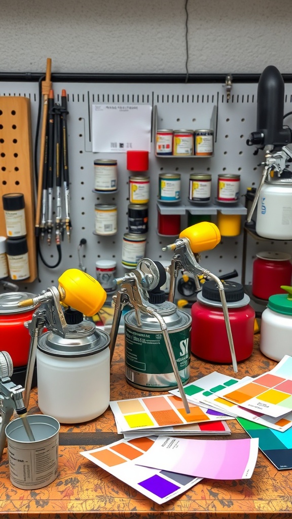 A workspace with various paint sprayers, paint cans, and color swatches.