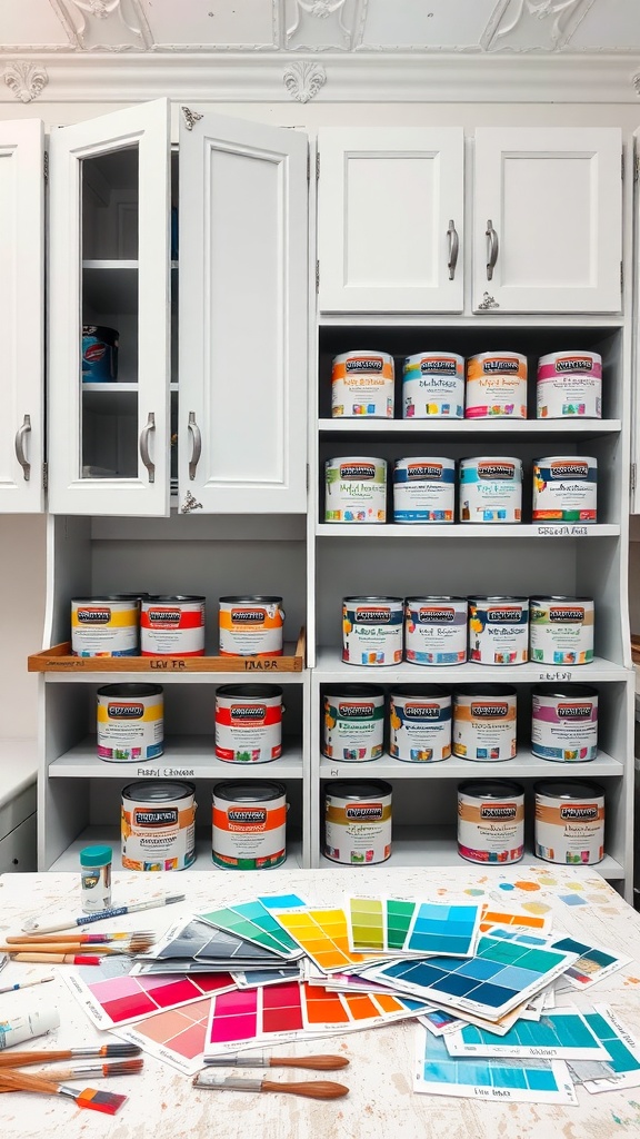 A well-organized display of paint cans and color swatches for cabinet painting.