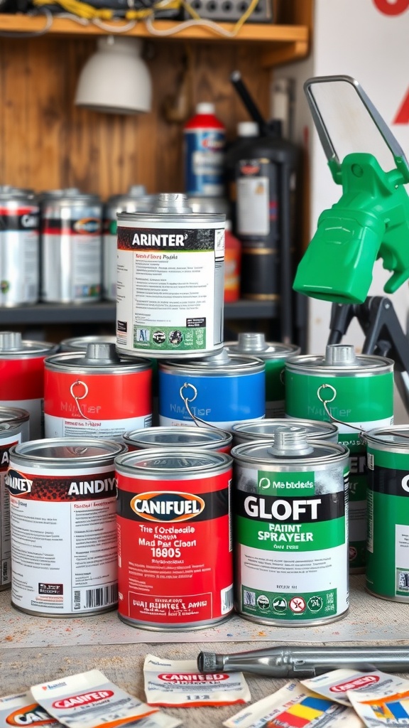Various paint cans of different colors and types arranged with a paint sprayer in a workshop setting.