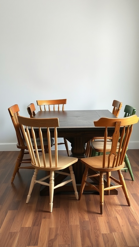 A wooden dining table surrounded by chairs of different colors and styles.