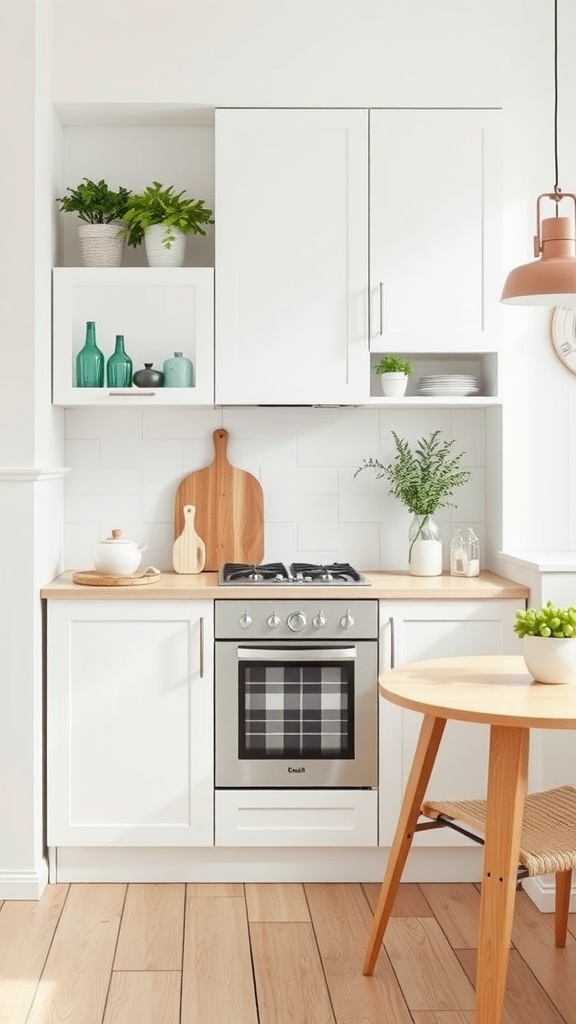 A stylish small kitchen featuring white cabinetry, a light wood countertop, green plants, and colorful glassware.