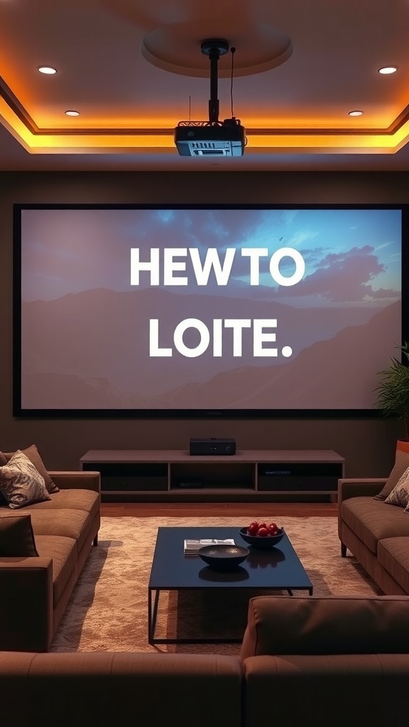 Cozy living room with a cinematic projection wall and comfortable seating.