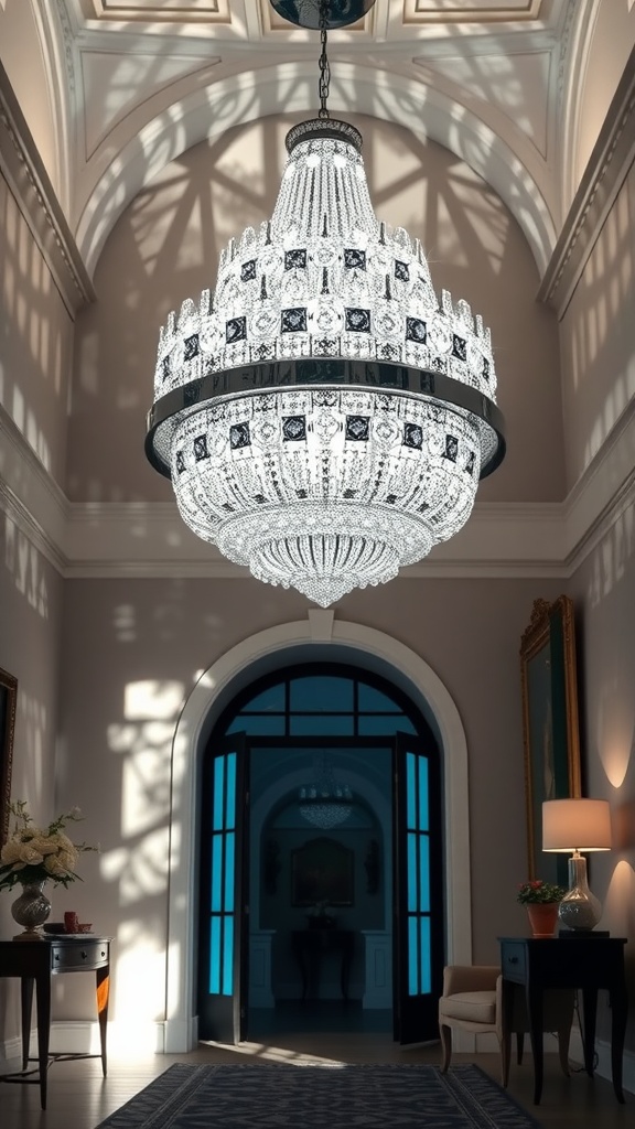 A circular chrome chandelier hanging in an elegant entrance hall, casting light and shadows on the walls.