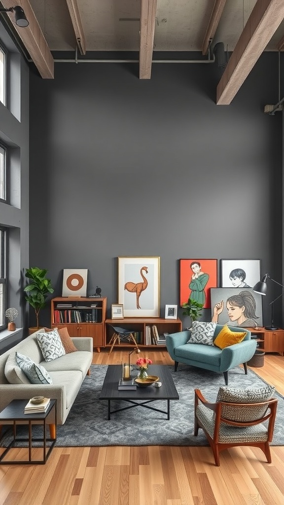 Modern living room featuring dark gray walls, stylish furniture, and colorful artwork