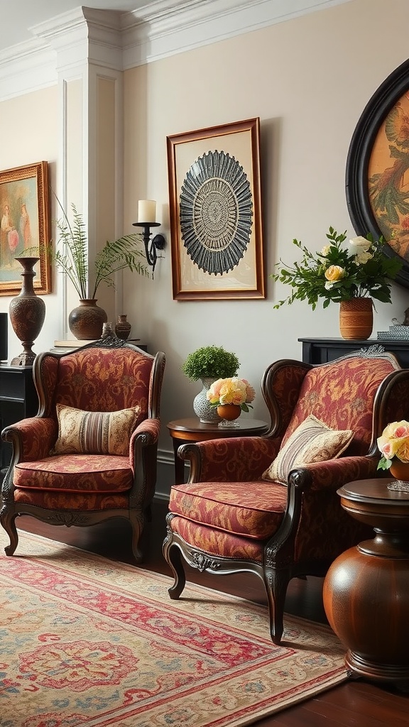 Classic armchairs with rich upholstery in a well-decorated living room