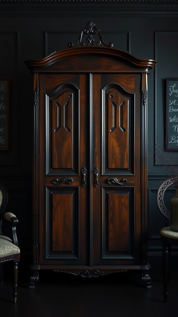 A classic dark wooden armoire with intricate designs, set against a dark wall in a cozy bedroom.