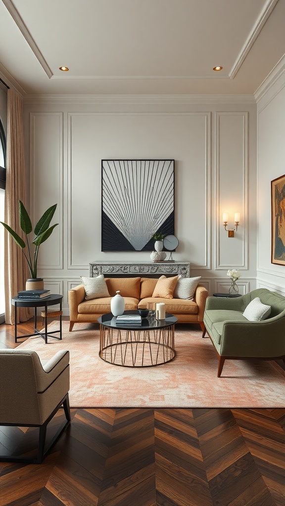 Living room featuring Art Deco elements with contemporary furniture and decor.