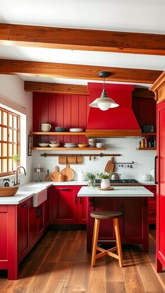 A kitchen featuring bold barn red cabinets and wooden beams, showcasing farmhouse paint colors.