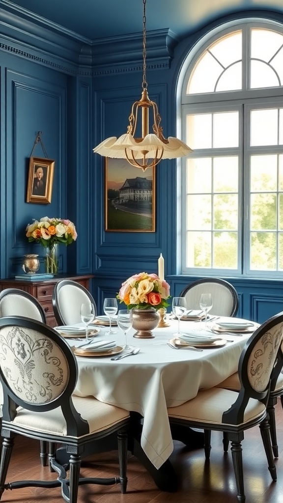 Elegant dining room with classic blue-gray walls, wooden furniture, and vintage chandelier