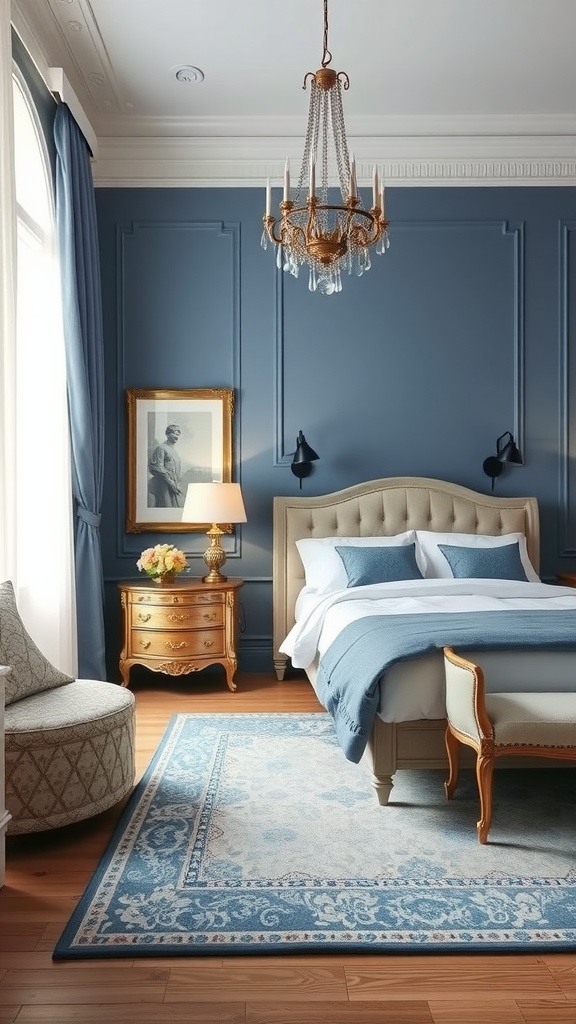 Men's bedroom featuring a classic blue and white color scheme with elegant furnishings.