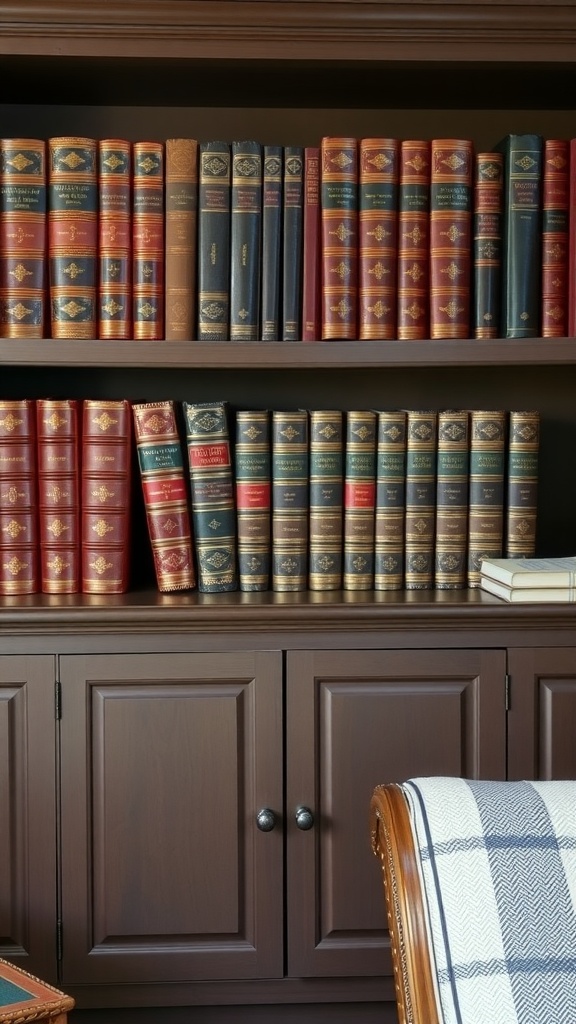A shelf filled with leather-bound classic books in various colors, showcasing an elegant display for a home office.