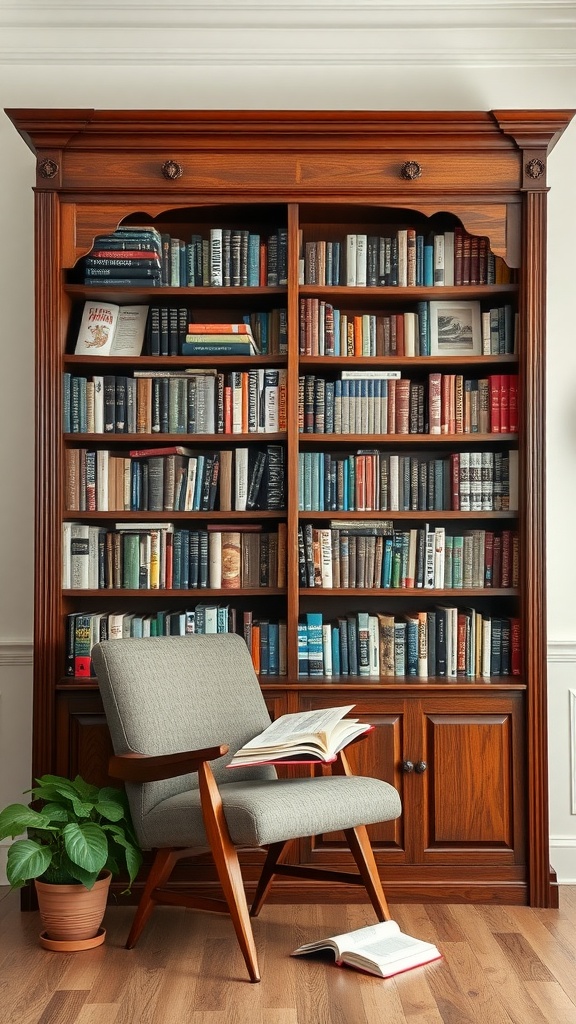 A classic wooden bookshelf filled with books, accompanied by a gray chair and a potted plant in a cozy reading nook.