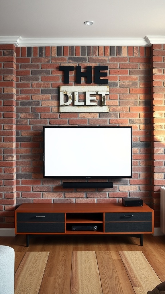 Living room featuring a classic brick wall with a TV and modern media console