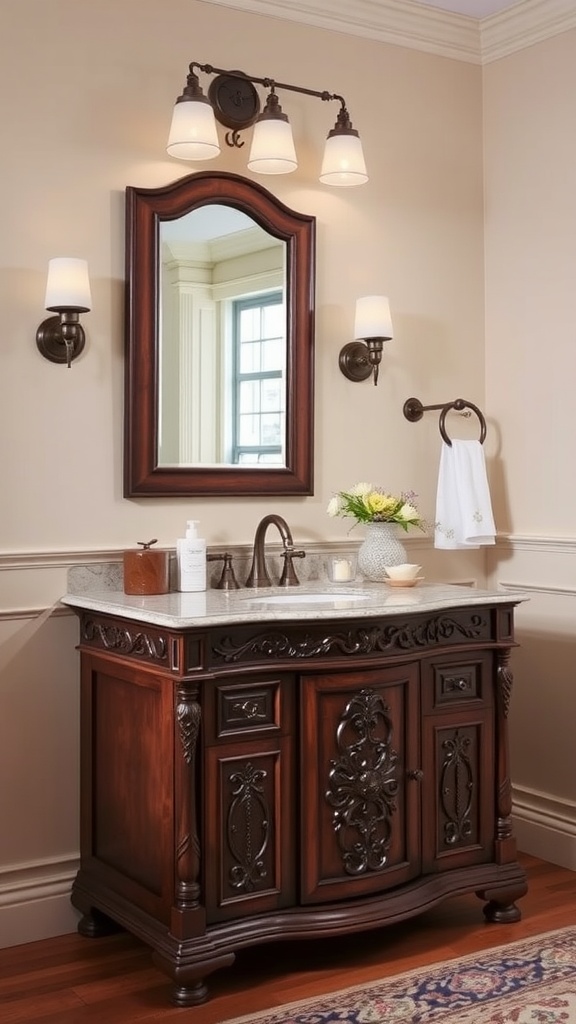 A classic cherry wood bathroom vanity with intricate carvings, granite countertop, and elegant lighting.