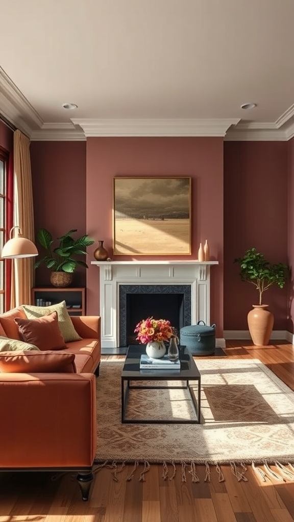 A cozy living room with deep maroon walls, an orange sofa, and a white fireplace, complemented by plants and a floral arrangement.