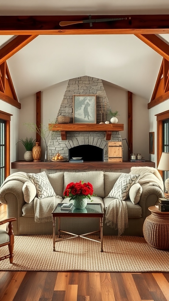 A cozy rustic farmhouse living room with a beige sofa, a stone fireplace, and wooden beams.