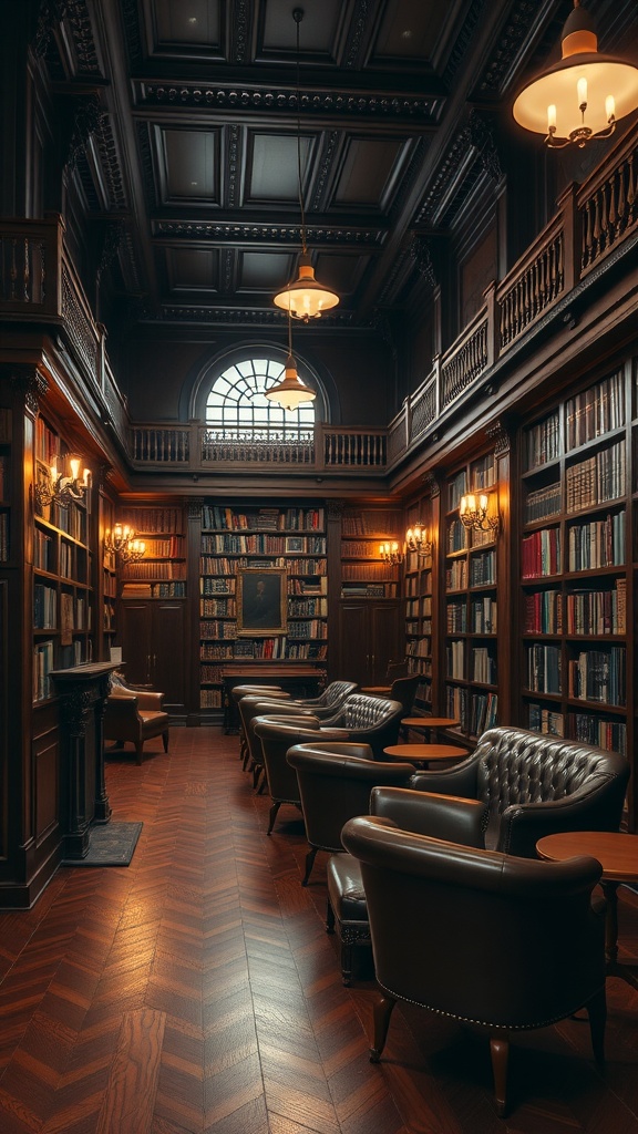 A classic dark wood library featuring plush leather chairs, tall bookshelves, and elegant architectural details.