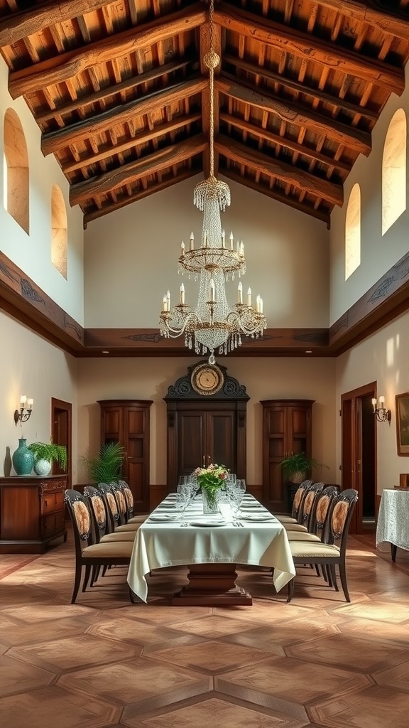 Elegant dining room in a Tuscan villa featuring wooden beams, a chandelier, and a long dining table.