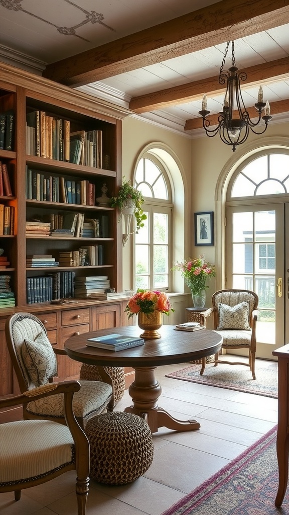 A classic French country library featuring wooden bookshelves, elegant furniture, and warm decor.