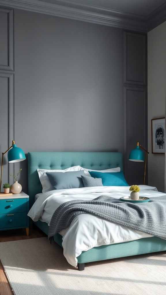 A bedroom featuring a grey wall, teal headboard, and teal nightstand, showcasing classic color blocking.