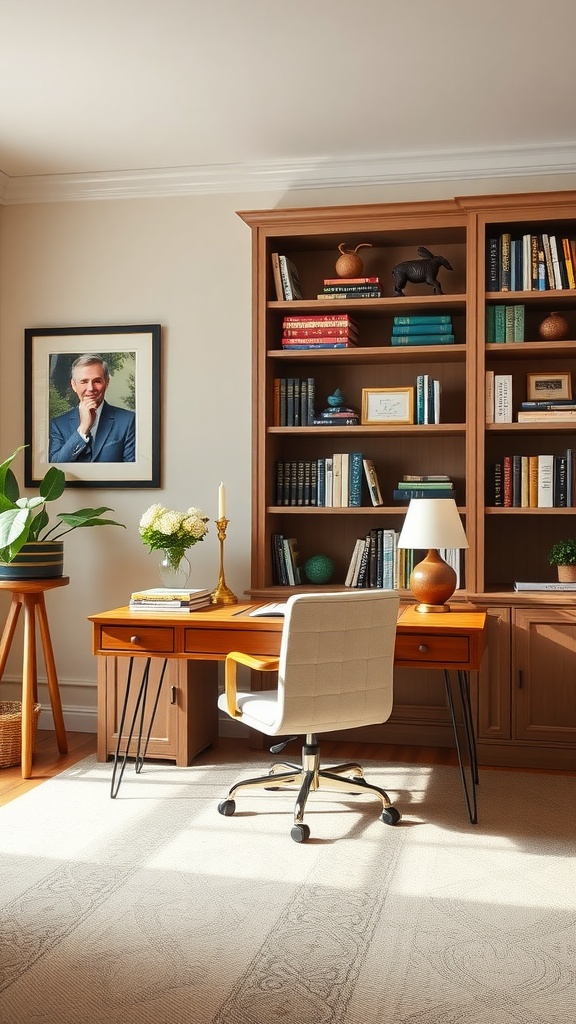 Classic home office with wooden desk, bookshelf, and stylish chair