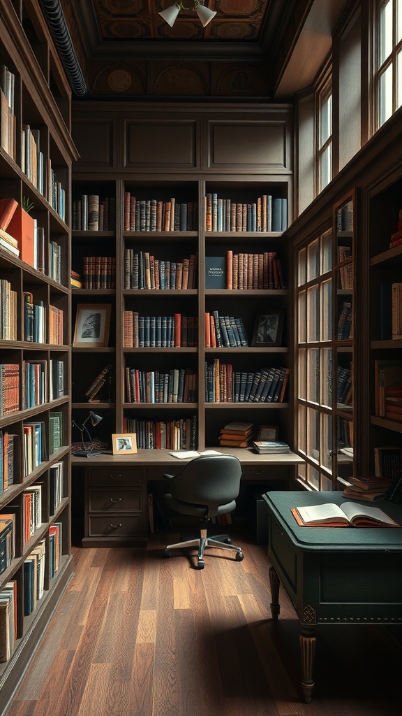 A classic library workspace with wooden bookshelves filled with books, a desk, and a comfortable chair