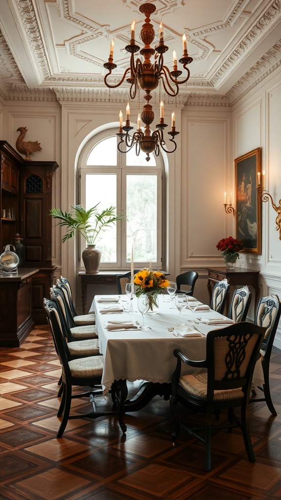 Luxurious dining room in Florence with ornate chandelier, elegant table setting, and floral centerpiece.