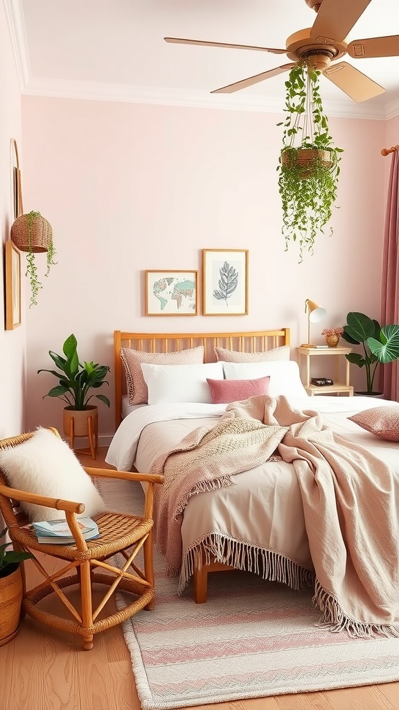 Cozy pink boho style bedroom with macrame wall hangings and a comfortable bed
