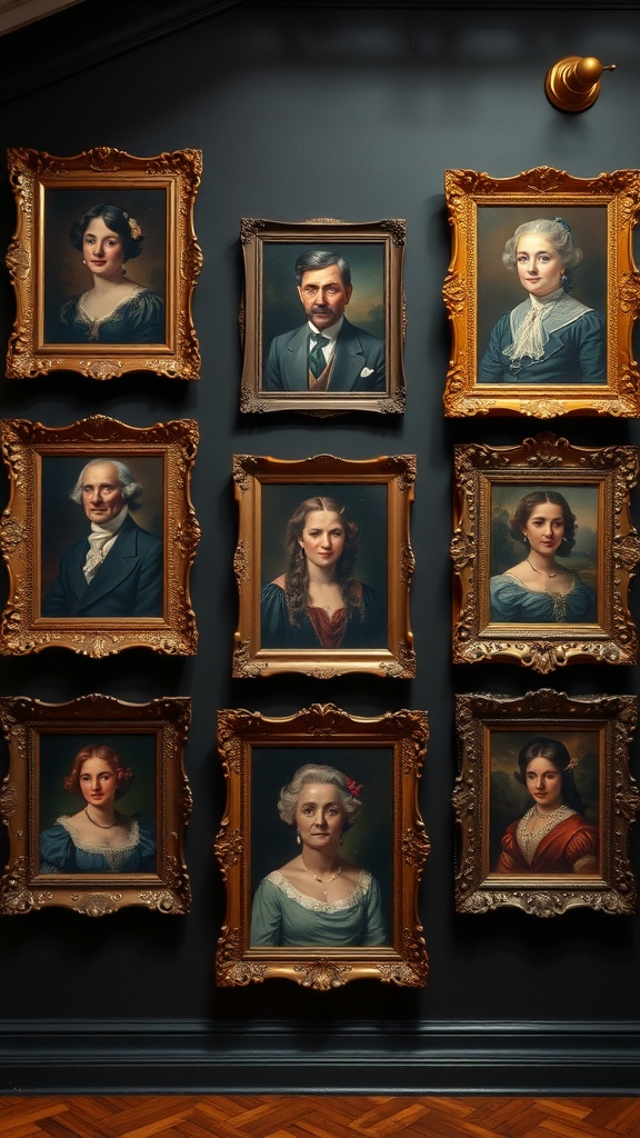 Wall of classic portraits in ornate frames, showcasing various individuals in a dark setting.