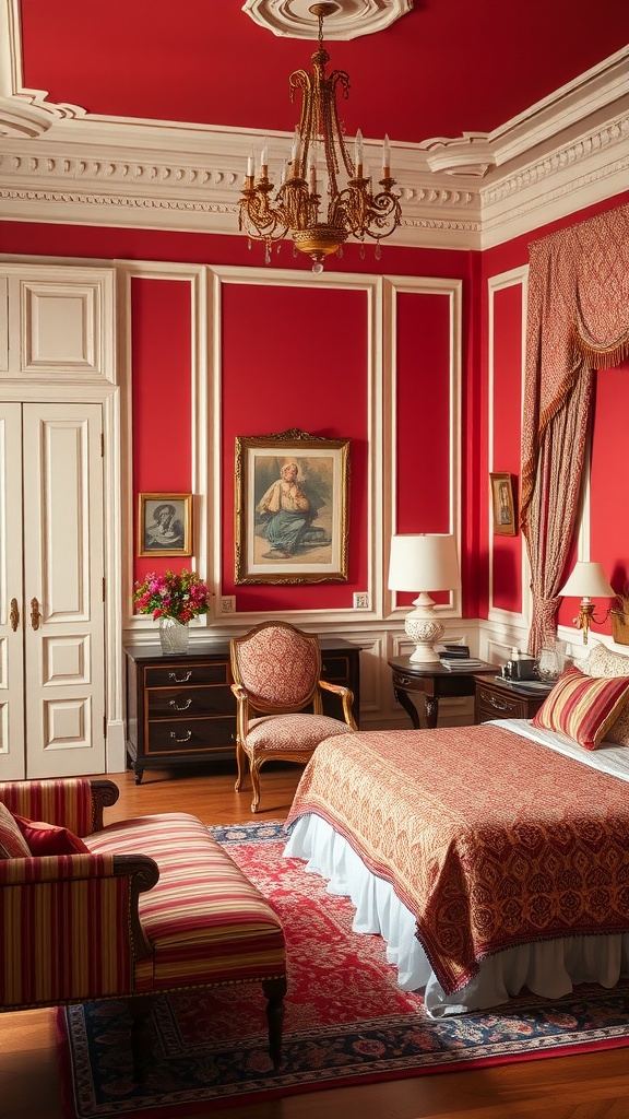 A beautifully decorated bedroom featuring red walls and cream accents with elegant furniture.