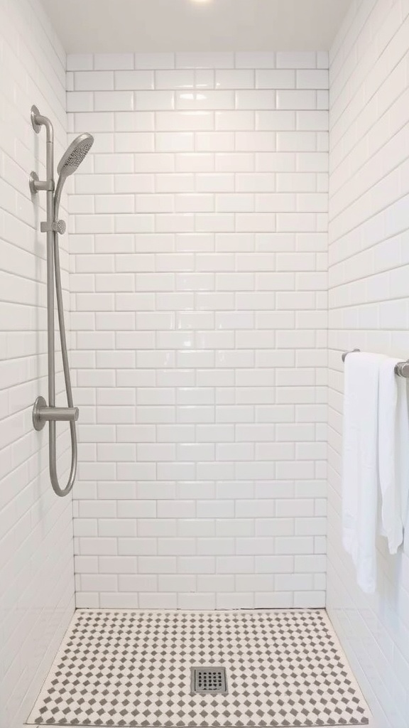 A classic shower featuring white subway tiles and a patterned rug.