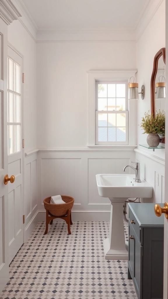 Farmhouse bathroom featuring classic wainscoting, a pedestal sink, and natural light.