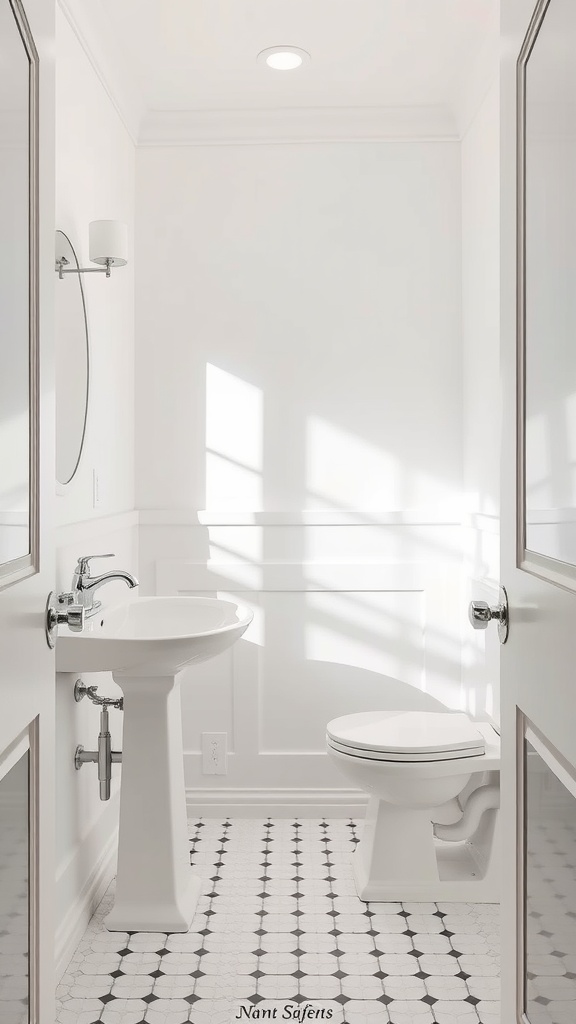 A small bathroom with white walls, white fixtures, and a black and white tiled floor, showcasing a spacious and bright feel.