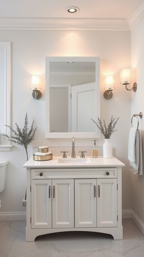 A stylish white bathroom vanity with a mirror, modern fixtures, and decorative elements.