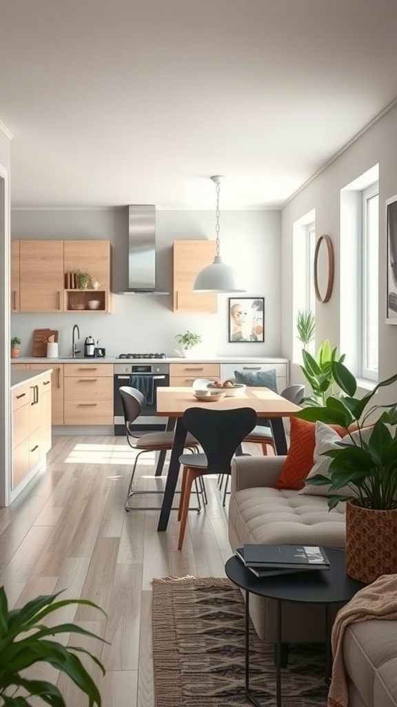 Cozy small living room layout with a dining table close to the kitchen featuring wooden cabinets, natural light, and green plants.