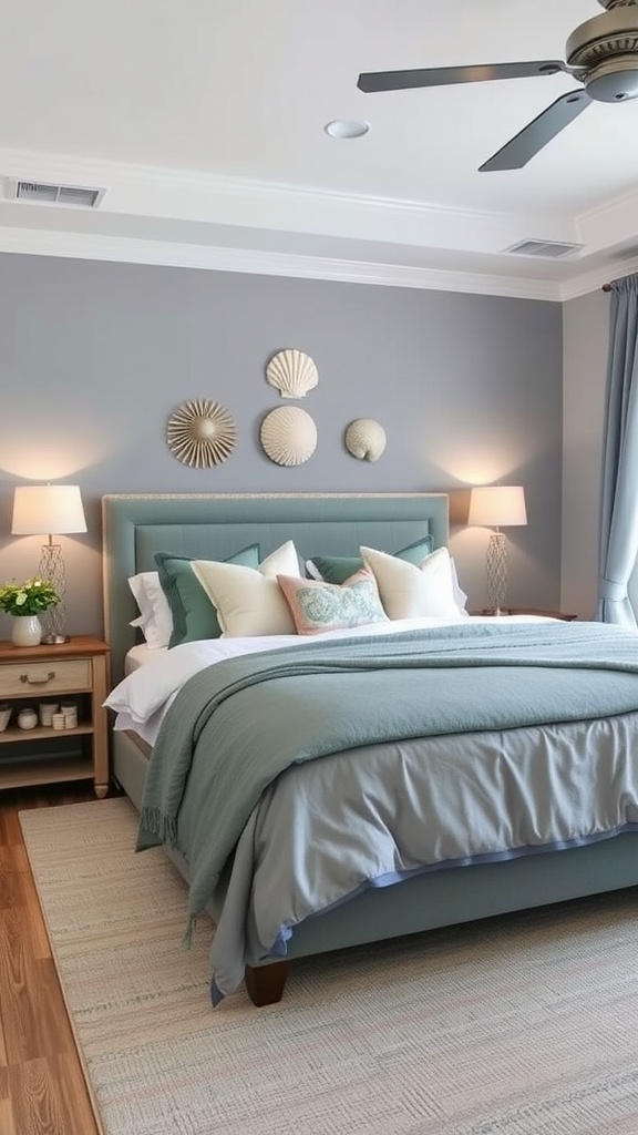 A coastal-inspired bedroom featuring grey walls, a grey bed with teal accents, and a patterned rug.