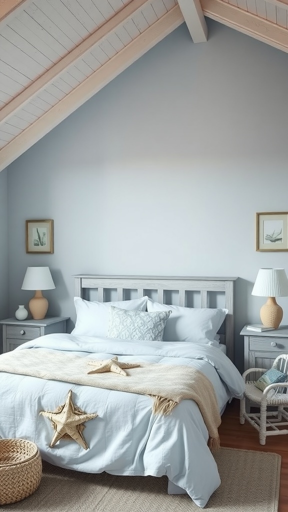 Coastal-inspired bedroom with light blue walls, starfish decor, and natural materials.